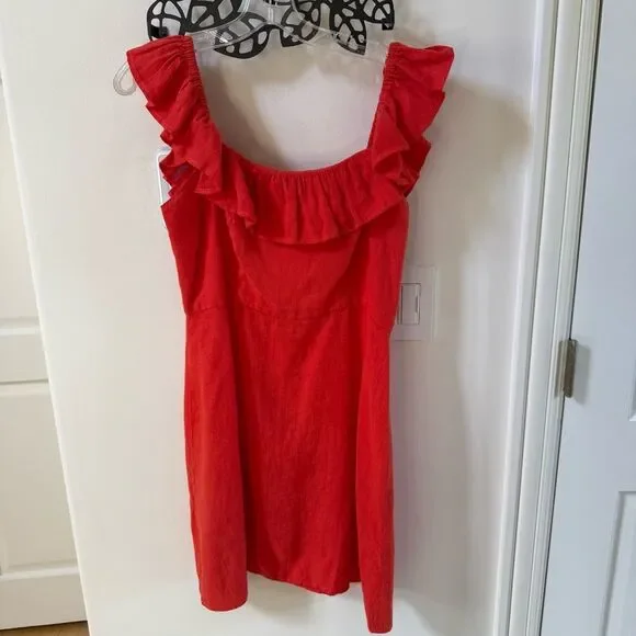 HONORINE Fluter Sleeve Cotton and Linen Blend Mini Dress in Orange Red M - Picture 3 of 10